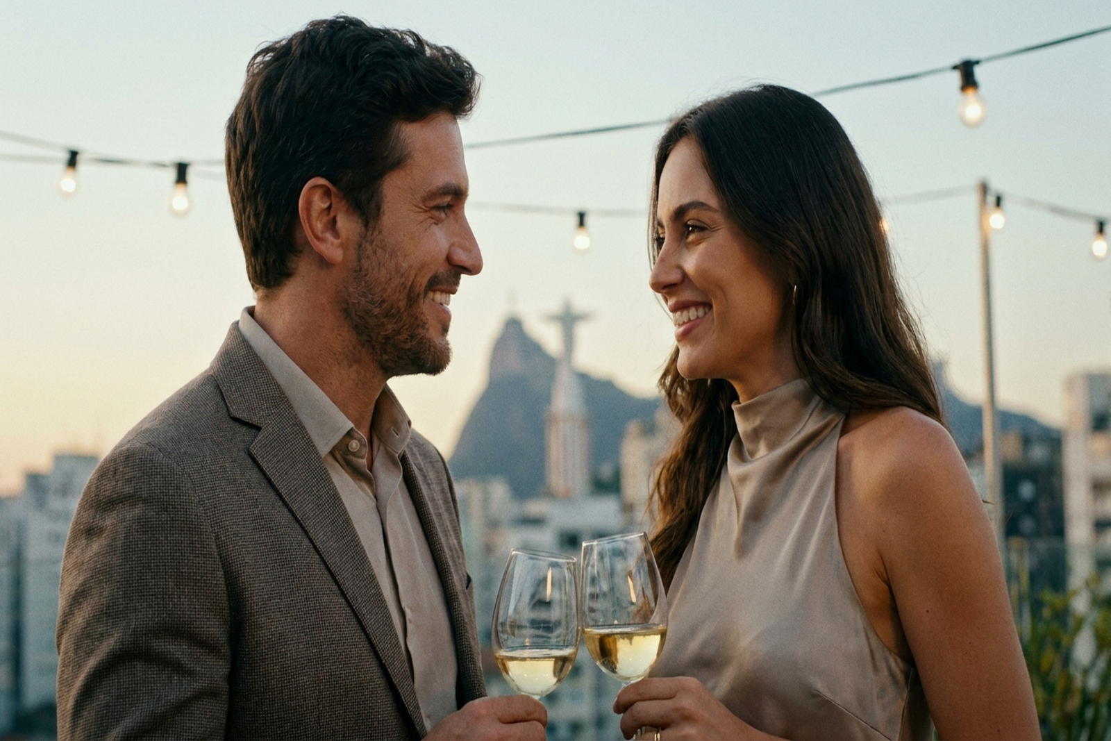 Casal conversando e sorrindo em um evento